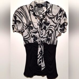 TWENTY ONE SHEER UPPER GRAPHIC TIE BLACK & WHITE RUCHED BLOUSE